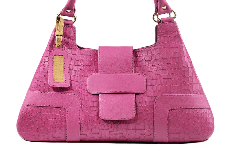 Fuschia pink women's dress handbag, matching pumps and belts. Profile view - Florence KOOIJMAN